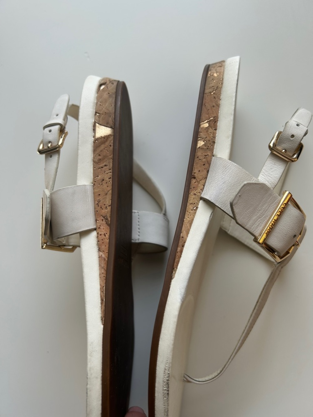 Cole Haan Francine Demi Wedge T-Strap Sandals with Gold Buckles 9B - Picture 10 of 12